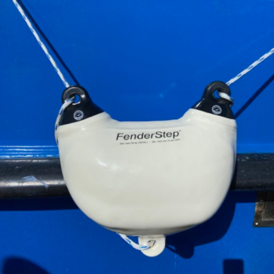 White FenderStep mounted to a blue Dale Sailing boat